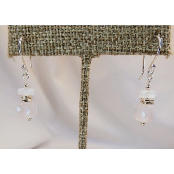Natural Rose Quartz Rainbow Moonstone Karen Hill Tribe Fine Silver Earrings OOAK - Picture 5 of 5